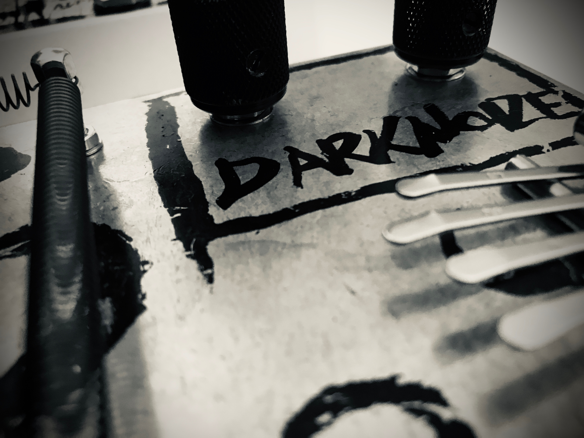 Close-up detail of the DarkNoize box label and springs